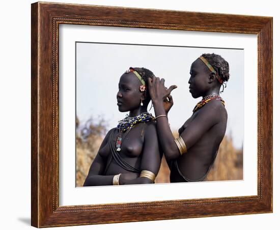 Dassanech Girl Braids Her Sister's Hair at Her Village in the Omo Delta-John Warburton-lee-Framed Photographic Print