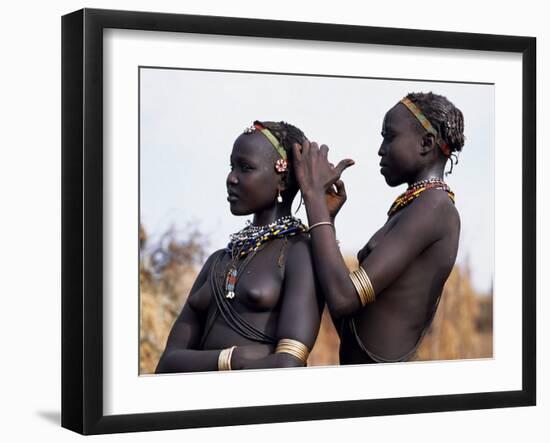 Dassanech Girl Braids Her Sister's Hair at Her Village in the Omo Delta-John Warburton-lee-Framed Photographic Print