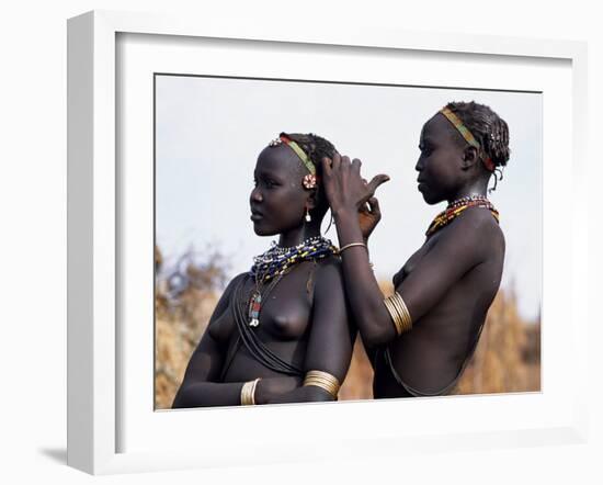 Dassanech Girl Braids Her Sister's Hair at Her Village in the Omo Delta-John Warburton-lee-Framed Photographic Print