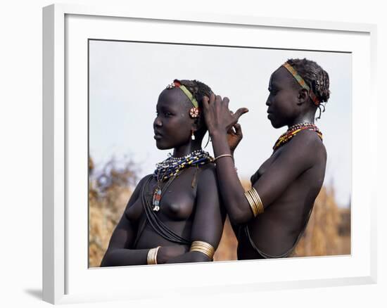 Dassanech Girl Braids Her Sister's Hair at Her Village in the Omo Delta-John Warburton-lee-Framed Photographic Print