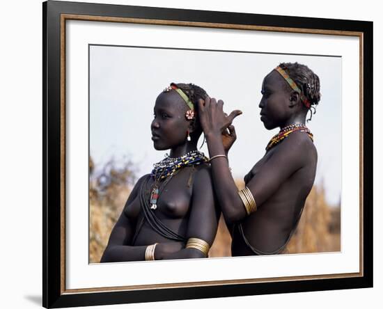 Dassanech Girl Braids Her Sister's Hair at Her Village in the Omo Delta-John Warburton-lee-Framed Photographic Print