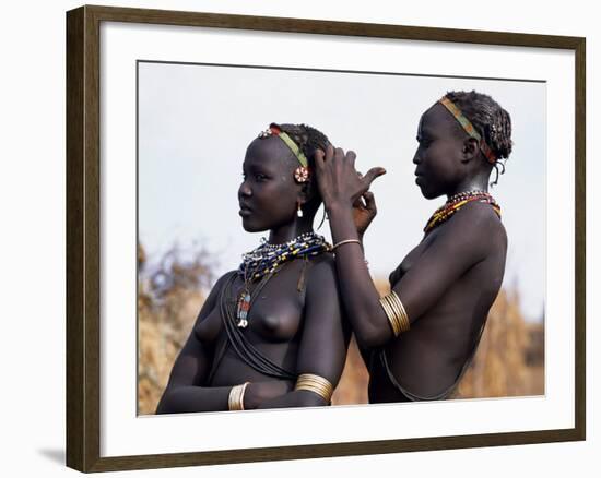 Dassanech Girl Braids Her Sister's Hair at Her Village in the Omo Delta-John Warburton-lee-Framed Photographic Print