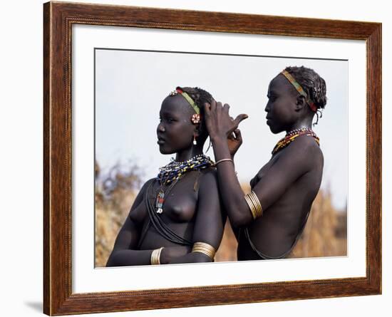 Dassanech Girl Braids Her Sister's Hair at Her Village in the Omo Delta-John Warburton-lee-Framed Photographic Print