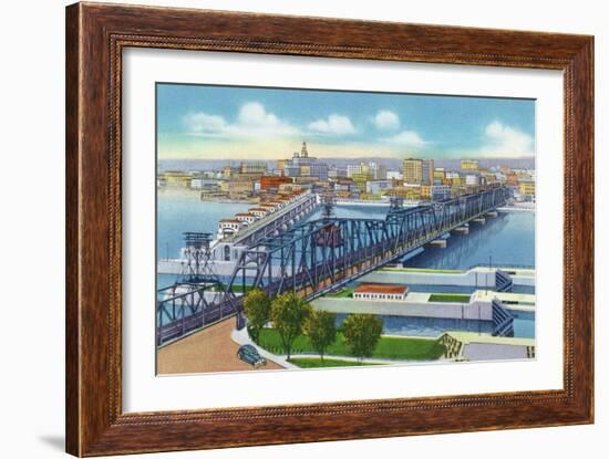 Davenport, Iowa, Aerial View of Bridge and Roller Dam between City and Rock Island, IL-Lantern Press-Framed Art Print