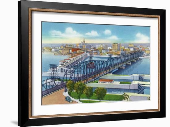 Davenport, Iowa, Aerial View of Bridge and Roller Dam between City and Rock Island, IL-Lantern Press-Framed Art Print