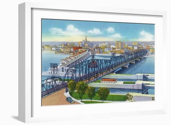 Davenport, Iowa, Aerial View of Bridge and Roller Dam between City and Rock Island, IL-Lantern Press-Framed Art Print