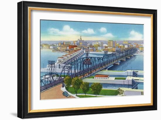 Davenport, Iowa, Aerial View of Bridge and Roller Dam between City and Rock Island, IL-Lantern Press-Framed Art Print