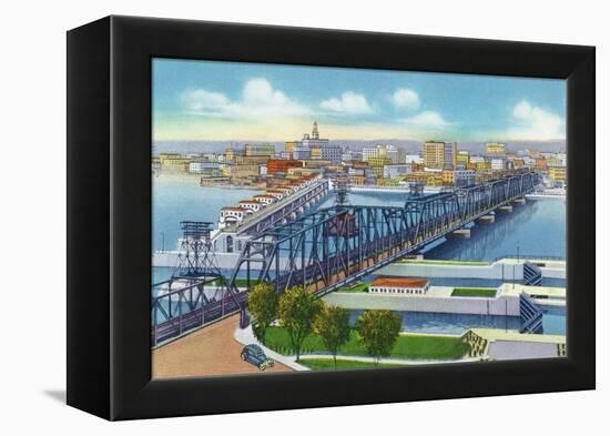 Davenport, Iowa, Aerial View of Bridge and Roller Dam between City and Rock Island, IL-Lantern Press-Framed Stretched Canvas