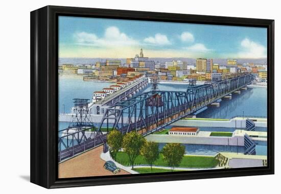 Davenport, Iowa, Aerial View of Bridge and Roller Dam between City and Rock Island, IL-Lantern Press-Framed Stretched Canvas