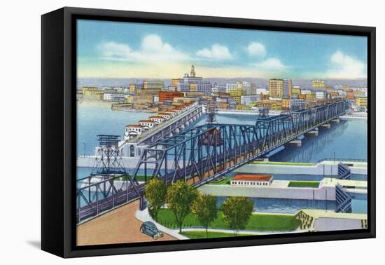 Davenport, Iowa, Aerial View of Bridge and Roller Dam between City and Rock Island, IL-Lantern Press-Framed Stretched Canvas