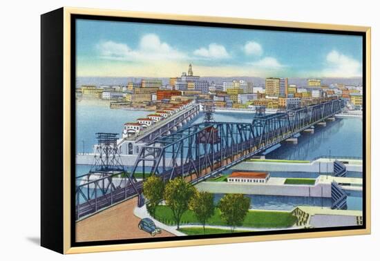 Davenport, Iowa, Aerial View of Bridge and Roller Dam between City and Rock Island, IL-Lantern Press-Framed Stretched Canvas