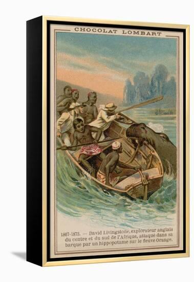 David Livingstone's Boat Being Attacked by a Hippopotamus on the Orange River, Africa, 1867-1873-null-Framed Premier Image Canvas