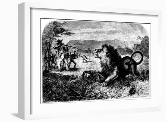 David Livingstone, Saved from a Lion by Mebalwe, a Native Schoolmaster, 1857-null-Framed Giclee Print