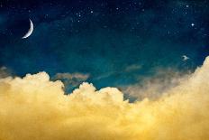 A Fantasy Cloudscape with Stars and a Crescent Moon Overlaid with a Vintage, Textured Watercolor Pa-David M Schrader-Photographic Print