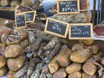 Selection of Corsican sausages and hams for sale at open-air market in Place Foch, Ajaccio-David Tomlinson-Photographic Print