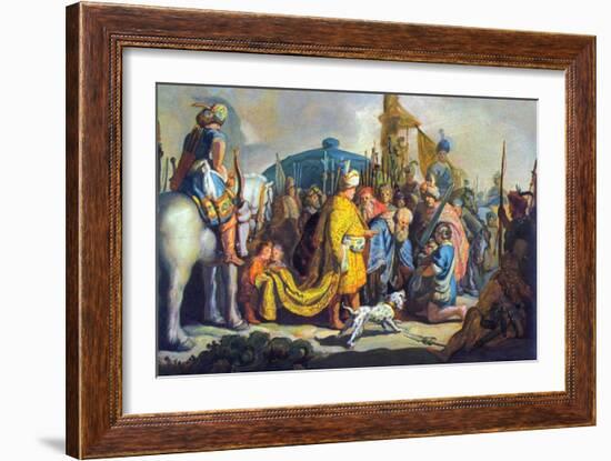 David with Goliath before Saul-Rembrandt van Rijn-Framed Art Print