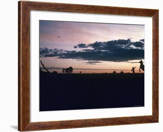 Dawn in the Australian Outback Finds a Stockman Trying to Calm His Rearing Horse-George Silk-Framed Photographic Print