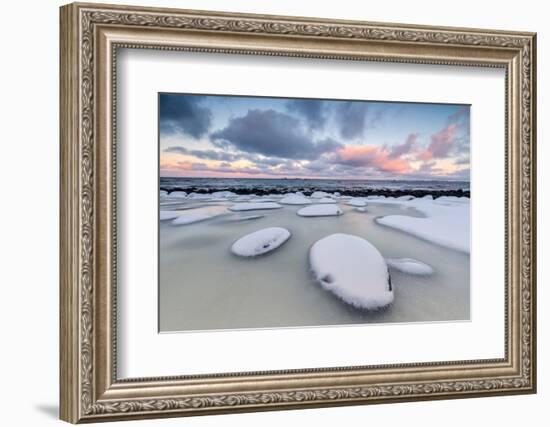 Dawn on the Cold Sea Surrounded by Snowy Rocks Shaped by Wind and Ice at Eggum-Roberto Moiola-Framed Photographic Print