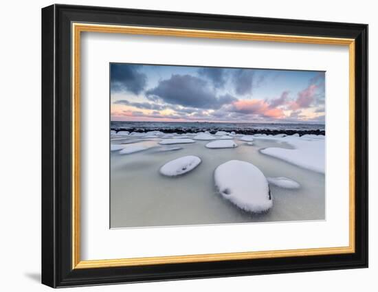 Dawn on the Cold Sea Surrounded by Snowy Rocks Shaped by Wind and Ice at Eggum-Roberto Moiola-Framed Photographic Print
