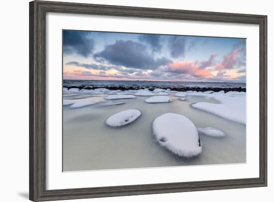 Dawn on the Cold Sea Surrounded by Snowy Rocks Shaped by Wind and Ice at Eggum-Roberto Moiola-Framed Photographic Print