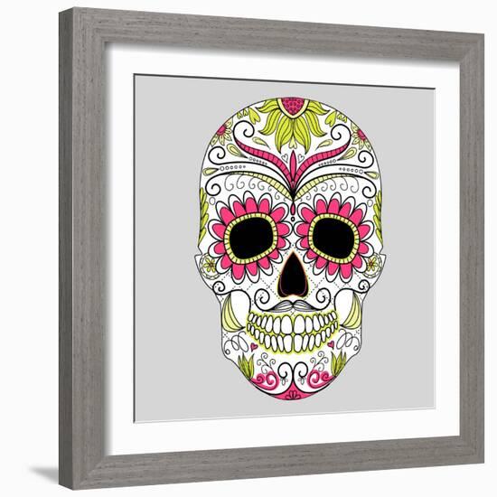 Day of the Dead Colorful Skull with Floral Ornament-Alisa Foytik-Framed Art Print