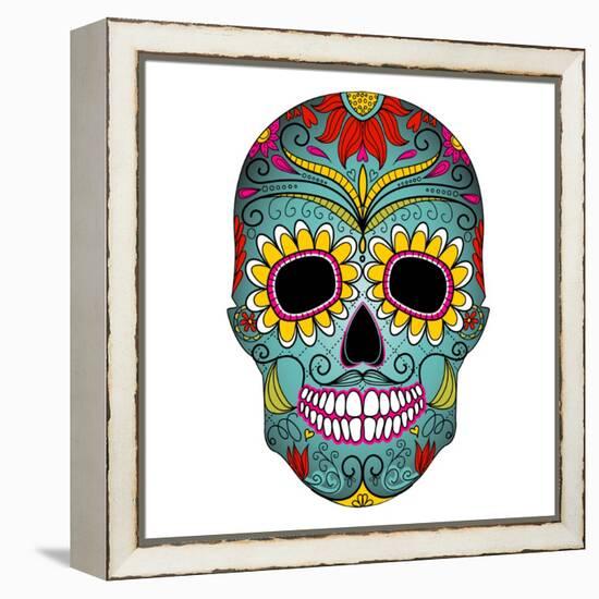 Day of the Dead Colorful Skull with Floral Ornament-Alisa Foytik-Framed Stretched Canvas