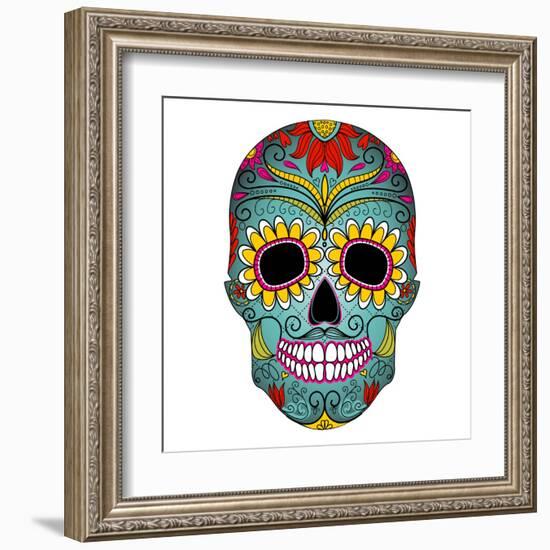 Day of the Dead Colorful Skull with Floral Ornament-Alisa Foytik-Framed Art Print