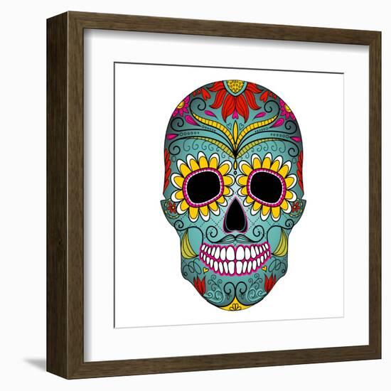 Day of the Dead Colorful Skull with Floral Ornament-Alisa Foytik-Framed Art Print