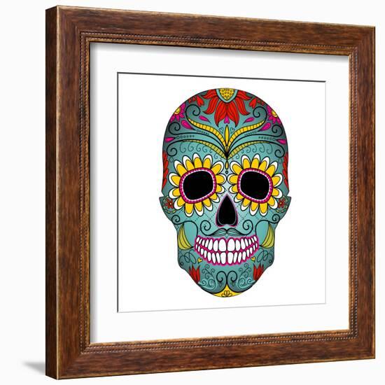 Day of the Dead Colorful Skull with Floral Ornament-Alisa Foytik-Framed Art Print