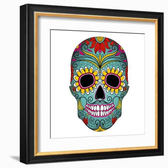 Day of the Dead Colorful Skull with Floral Ornament-Alisa Foytik-Framed Art Print