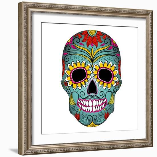 Day of the Dead Colorful Skull with Floral Ornament-Alisa Foytik-Framed Art Print