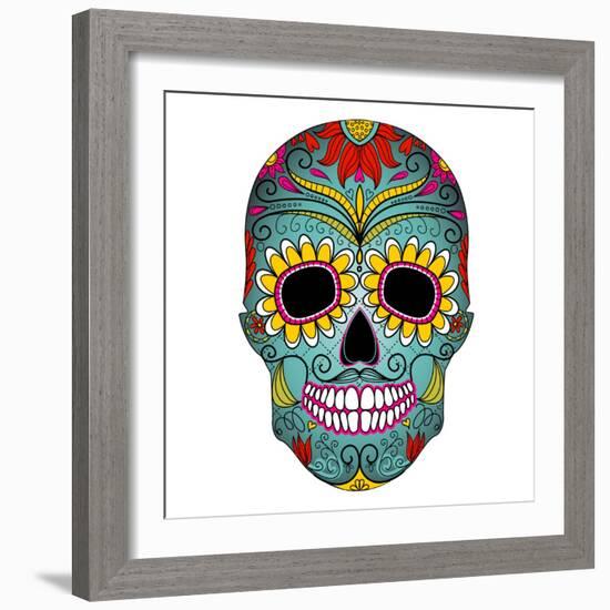 Day of the Dead Colorful Skull with Floral Ornament-Alisa Foytik-Framed Art Print