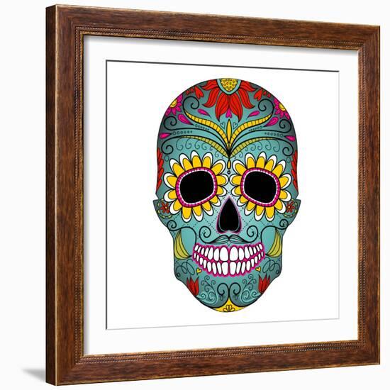 Day of the Dead Colorful Skull with Floral Ornament-Alisa Foytik-Framed Art Print