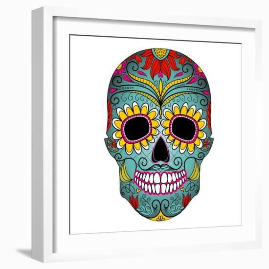 Day of the Dead Colorful Skull with Floral Ornament-Alisa Foytik-Framed Art Print