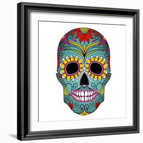 Day of the Dead Colorful Skull with Floral Ornament-Alisa Foytik-Framed Art Print