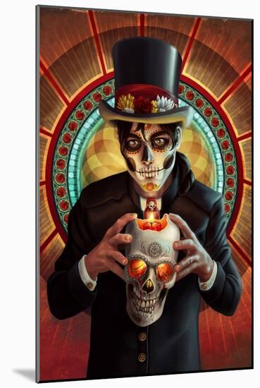 Day of the Dead - Man and Candle-Lantern Press-Mounted Art Print
