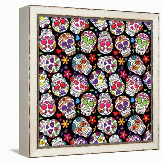 Day of the Dead Sugar Skull Seamless Vector Background-Pink Pueblo-Framed Stretched Canvas