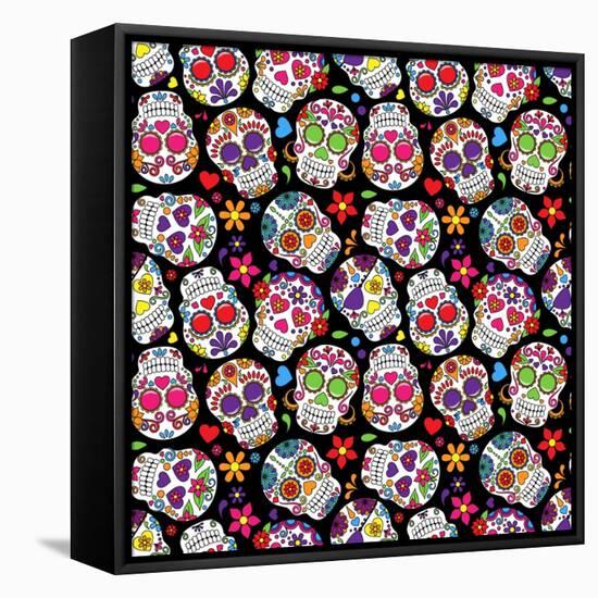 Day of the Dead Sugar Skull Seamless Vector Background-Pink Pueblo-Framed Stretched Canvas