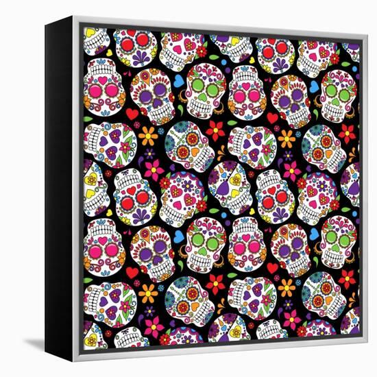 Day of the Dead Sugar Skull Seamless Vector Background-Pink Pueblo-Framed Stretched Canvas