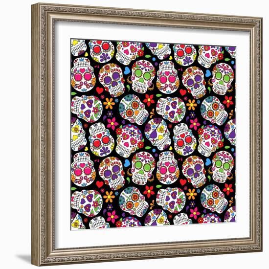 Day of the Dead Sugar Skull Seamless Vector Background-Pink Pueblo-Framed Art Print