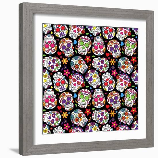 Day of the Dead Sugar Skull Seamless Vector Background-Pink Pueblo-Framed Art Print