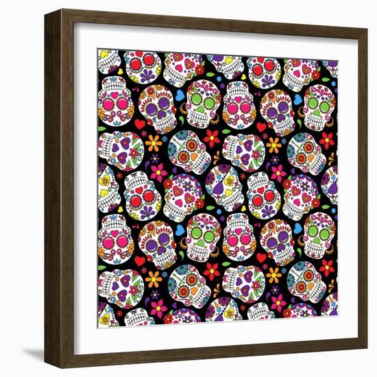 Day of the Dead Sugar Skull Seamless Vector Background-Pink Pueblo-Framed Art Print