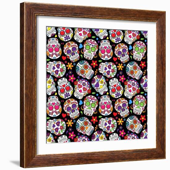 Day of the Dead Sugar Skull Seamless Vector Background-Pink Pueblo-Framed Art Print