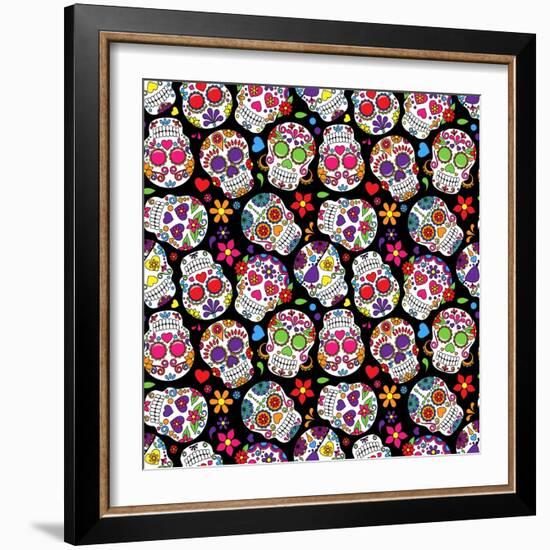 Day of the Dead Sugar Skull Seamless Vector Background-Pink Pueblo-Framed Art Print