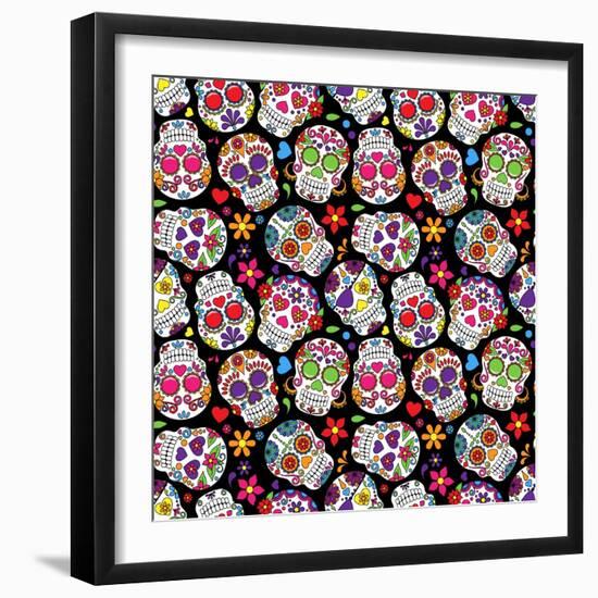 Day of the Dead Sugar Skull Seamless Vector Background-Pink Pueblo-Framed Art Print