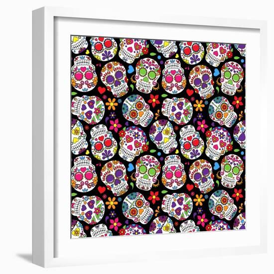 Day of the Dead Sugar Skull Seamless Vector Background-Pink Pueblo-Framed Art Print