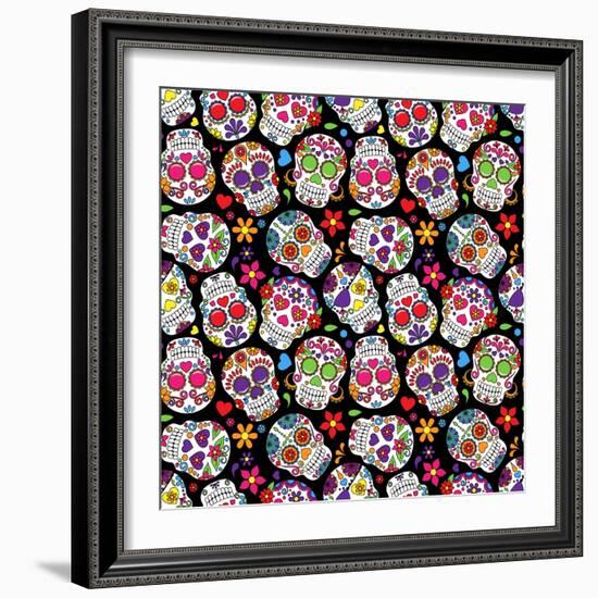 Day of the Dead Sugar Skull Seamless Vector Background-Pink Pueblo-Framed Art Print