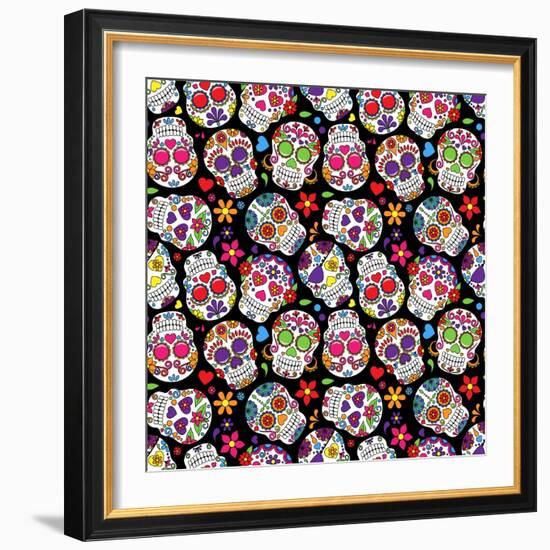 Day of the Dead Sugar Skull Seamless Vector Background-Pink Pueblo-Framed Art Print