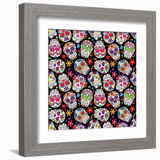 Day of the Dead Sugar Skull Seamless Vector Background-Pink Pueblo-Framed Art Print