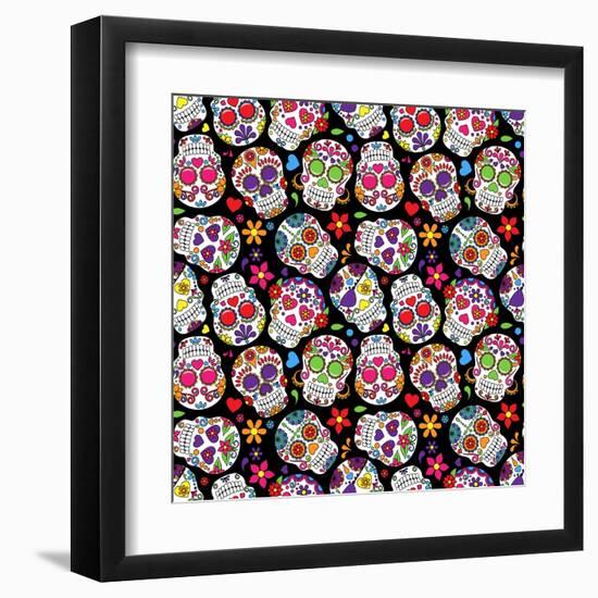 Day of the Dead Sugar Skull Seamless Vector Background-Pink Pueblo-Framed Art Print